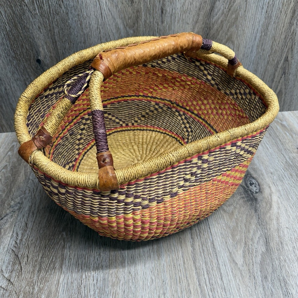 Woven African Bolga Ghana Market Basket Large Leather Handle